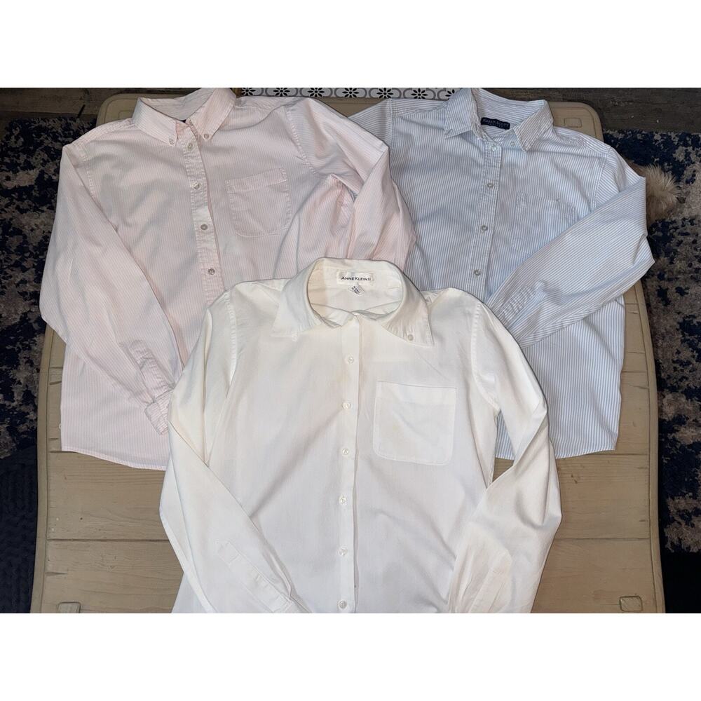 Lot Of 3 Women’s Button Down Shirts Size M & Petite Large. Pink Blue Pin Stripe